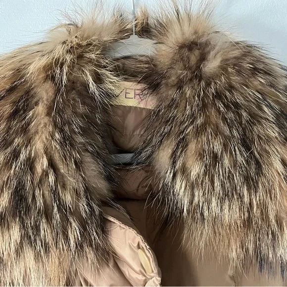 Women's Tan Puffer winter Coat with natural Fur Collar S/M - Picture 8 of 8